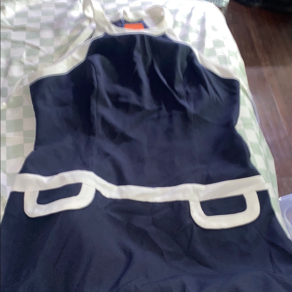 White and Blue Sleeveless Halter Sheath Dress